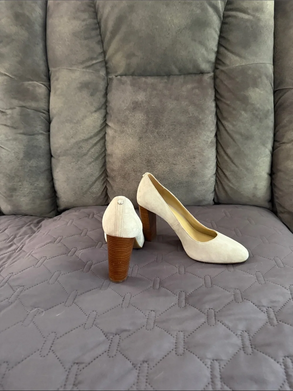 Michael Kors Cream Suede High Heel Pumps with Stacked Wood Heel